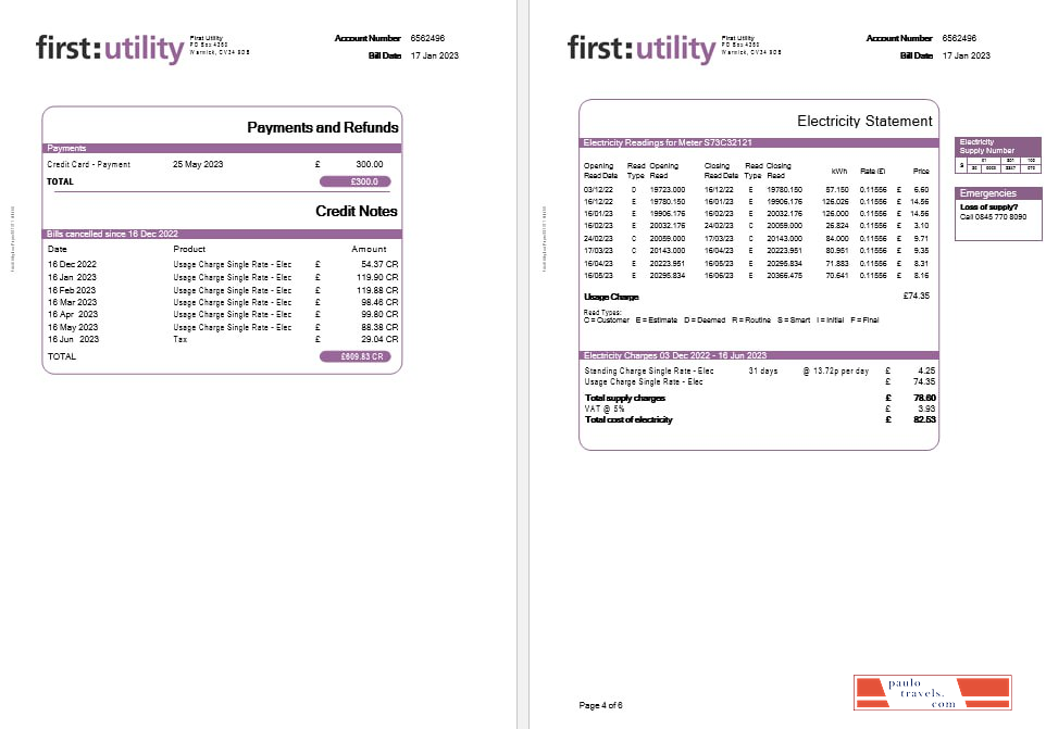 United Kingdom First gas and electricity utility bill in Word and PDF formats, 6 pages..