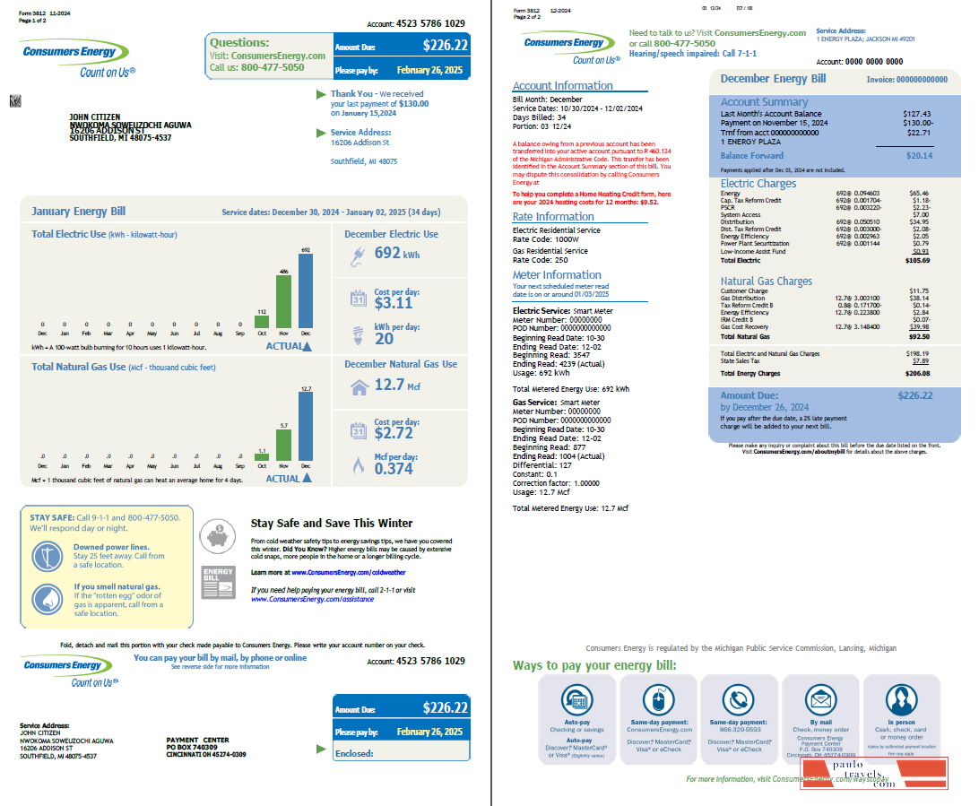 USA Consumers Energy utility bill template in Word and PDF formats, 2 pages, vesion 2