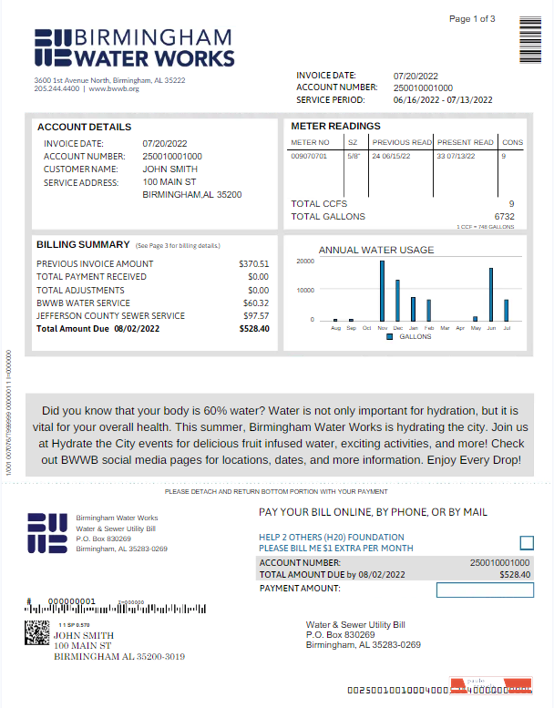 United Kingdom Birmingham Water utility bill template in Word and PDF formats, version 2