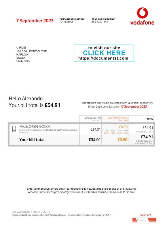 UNITED KINGDOM VODAFONE utility bill Word and PDF template, version 3