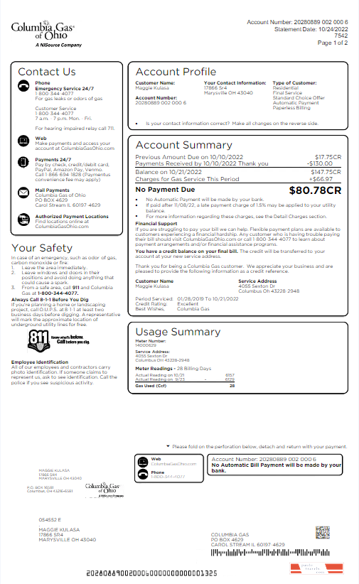 USA Columbia Gas of Ohio utility bill template in Word and PDF format