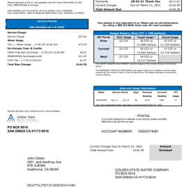 USA California Golden State Water Company utility bill template in .doc and .pdf format