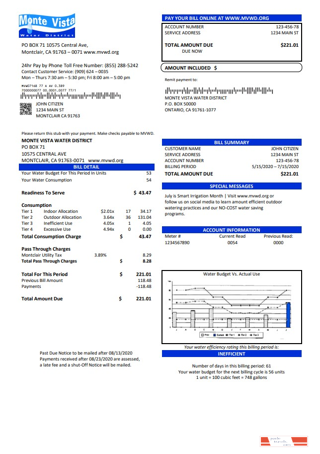 USA California Monte Vista Water District utility bill template in Word and PDF format