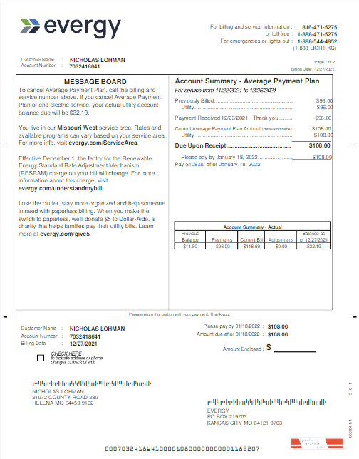 USA Evergy utility bill template in Word and PDF formats, 2 pages, version 2
