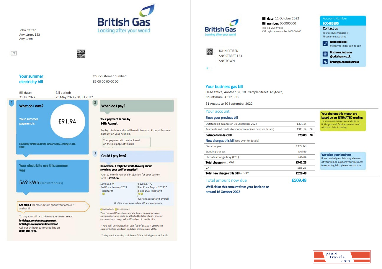 United Kingdom British Gas bill, Word and PDF template, 2 pages
