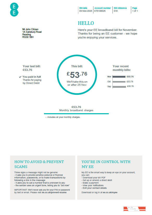 United Kingdom EE utility bill template in Word and PDF formats, version 2
