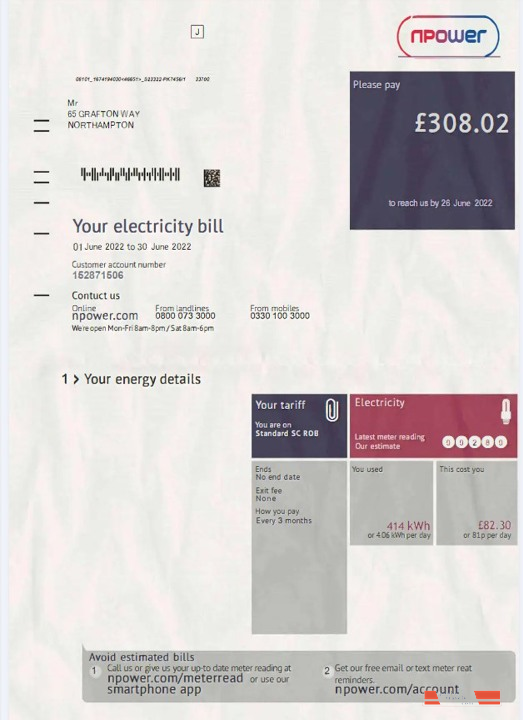 United Kingdom Npower electricity bill in PSD format