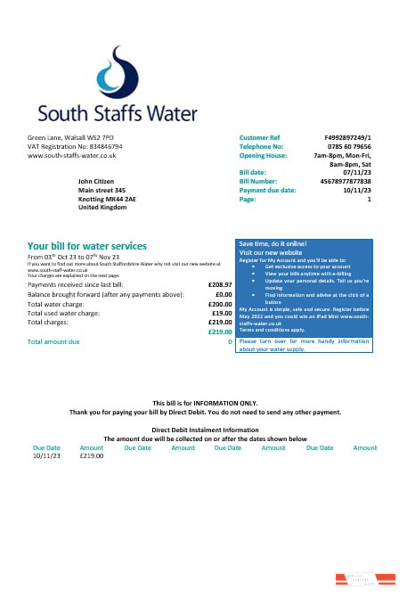 United Kingdom South Staffs Water water utility bill Word and PDF formats, version 2
