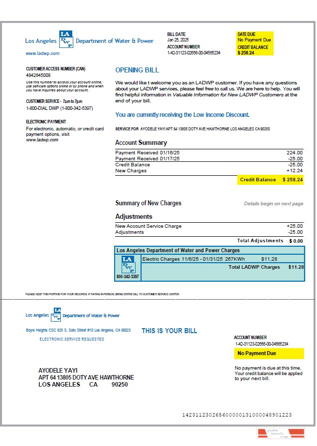 USA LA DWP utility bill template in Word and PDF formats, 4 pages, version 2, 1 2 pages