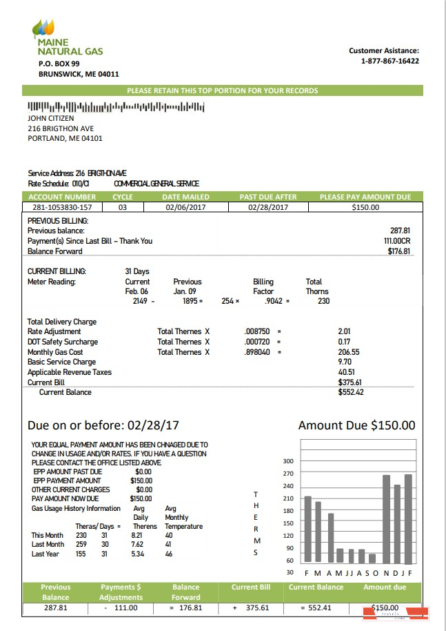 USA Marine Maine Natural Gas Portland utility bill template in Word format