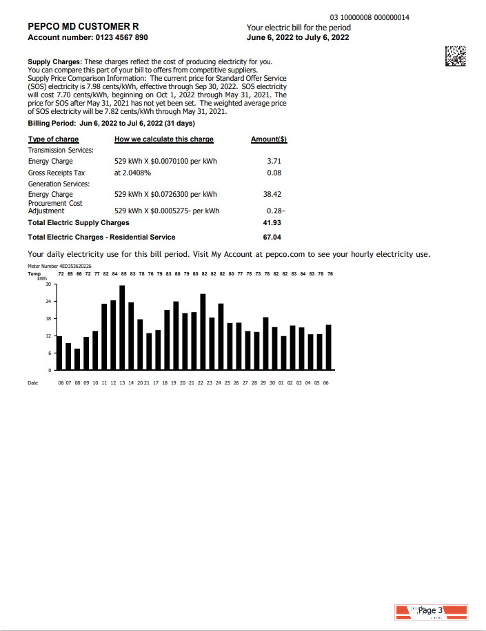 USA Maryland Pepco utility bill, Word and PDF template, 3 pages 1 2