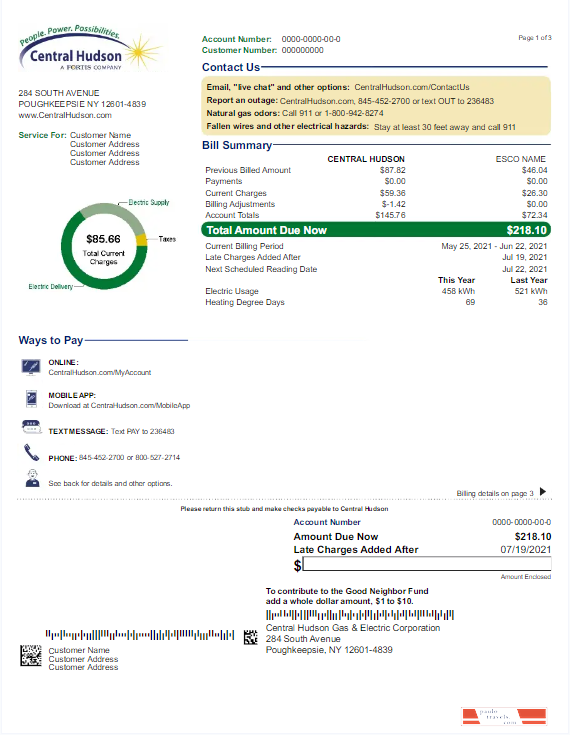 USA New York Central Hudson A fortis company utility bill, Word and PDF template, 3 pages 1 2