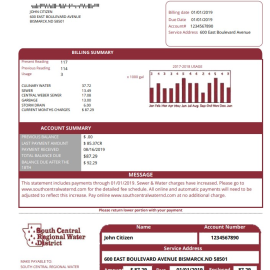 USA North Dakota South Central Regional Water District utility bill template in Word and PDF format