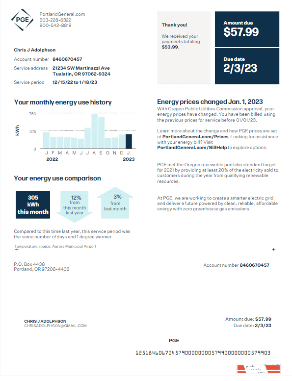 USA Oregon PGE electricity utility bill template in Word and PDF format