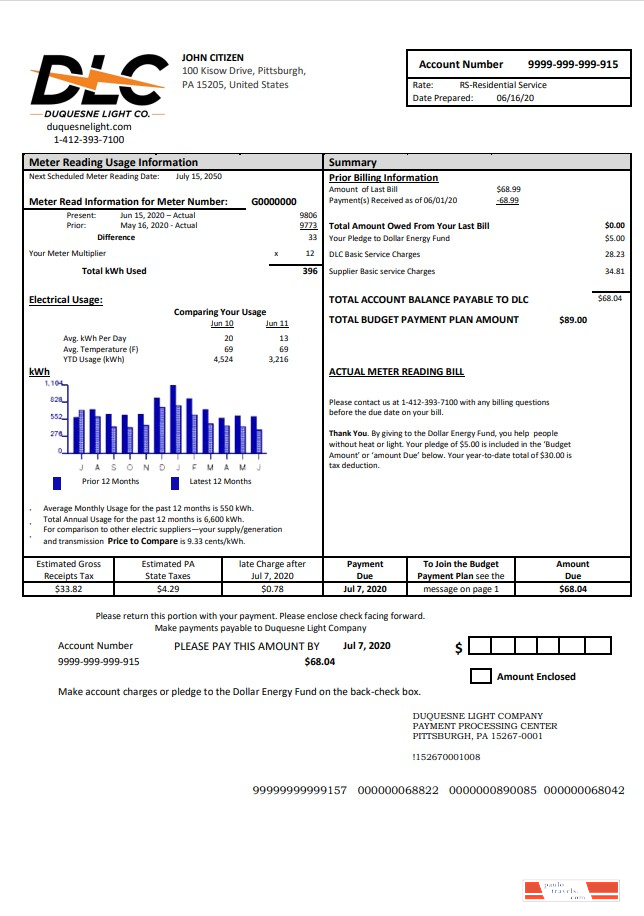 USA Pennsylvania Duquesne Light Company (DLC) utility bill template in Word and PDF format
