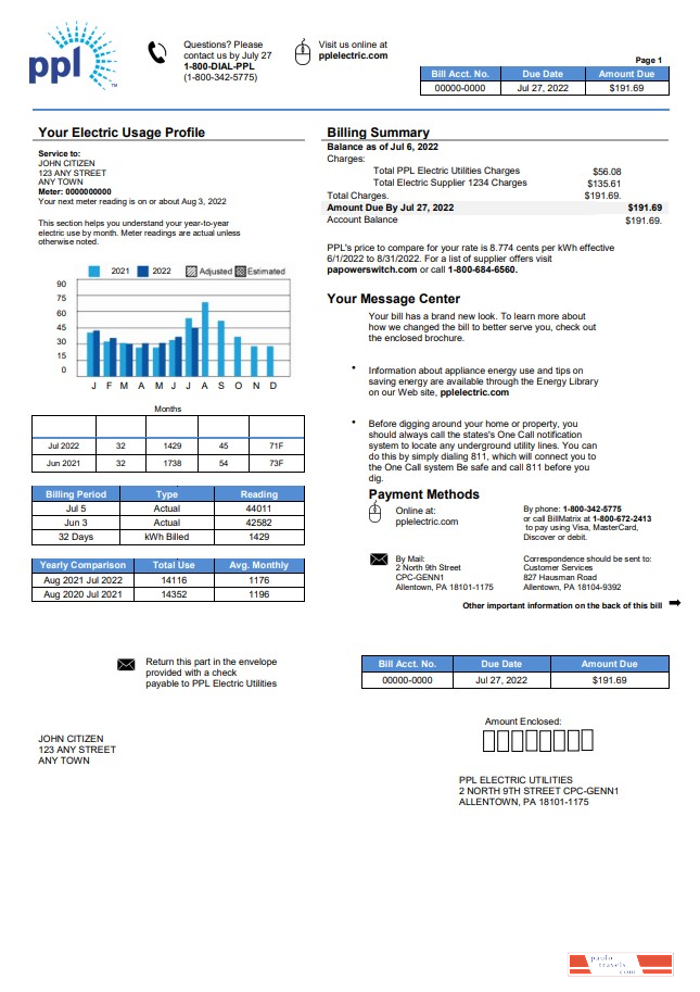 USA Philadelphia PPL utility bill template in Word and PDF format