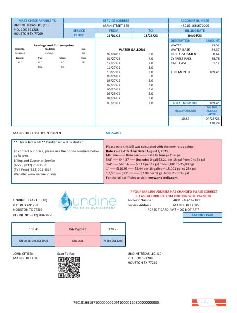 USA Texas Undine water is our element water utility bill Word and PDF formats