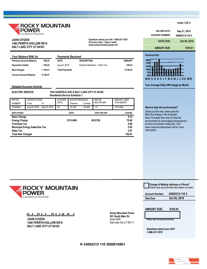 USA Utah Rocky Mountain Power electricity utility bill template in Word and PDF format