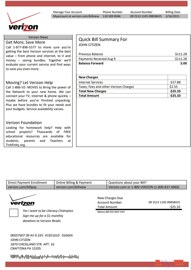 USA Verizon telecommunications utility bill template in Word and PDF format