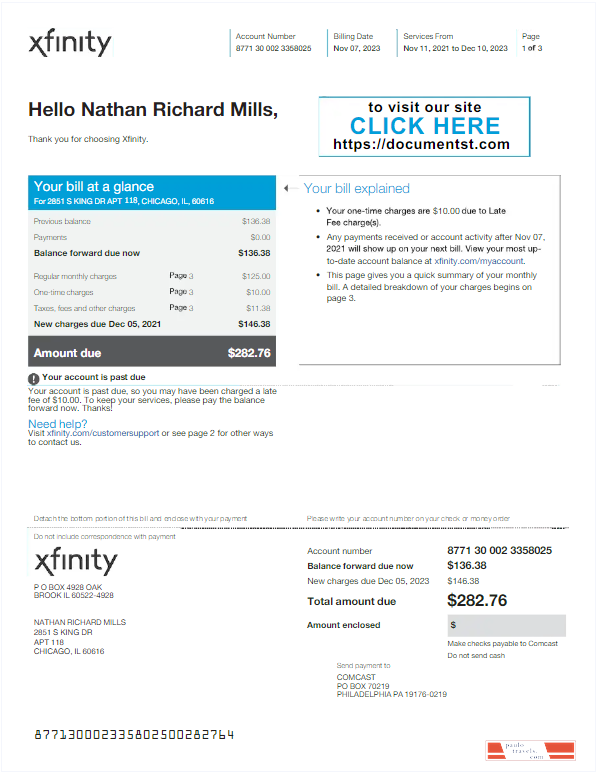 USA Philadelphia Xfinity utility bill Word and PDF template, 4 pages 1 2