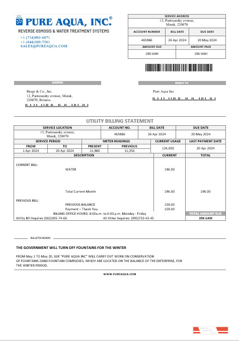 Счет за коммунальные услуги Belarus Pure Aqua Inc Шаблон в формате Word и PDF PSD шаблон
