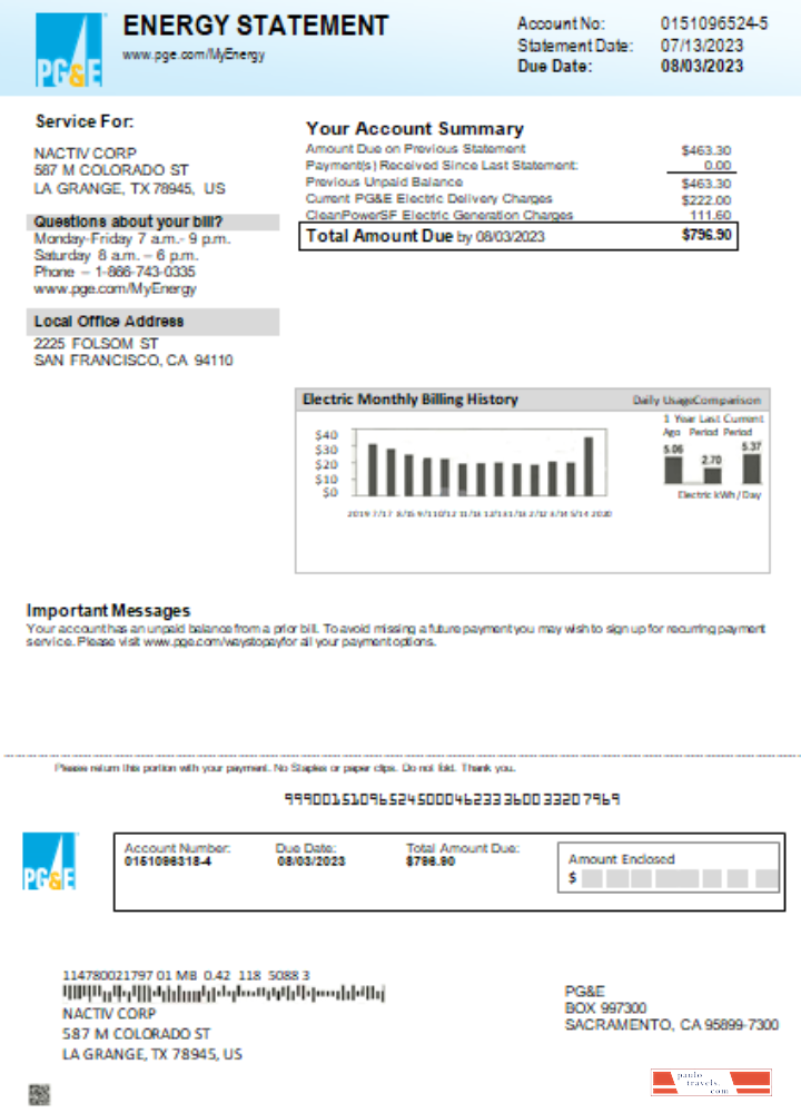 Счет за коммунальные услуги PG&E в Калифорнии, PSD-шаблон SCR