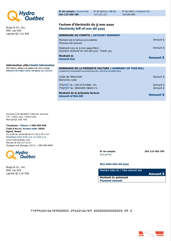 Шаблон счета за коммунальные услуги Canada Hydro Quebec в форматах Word и PDF (2)