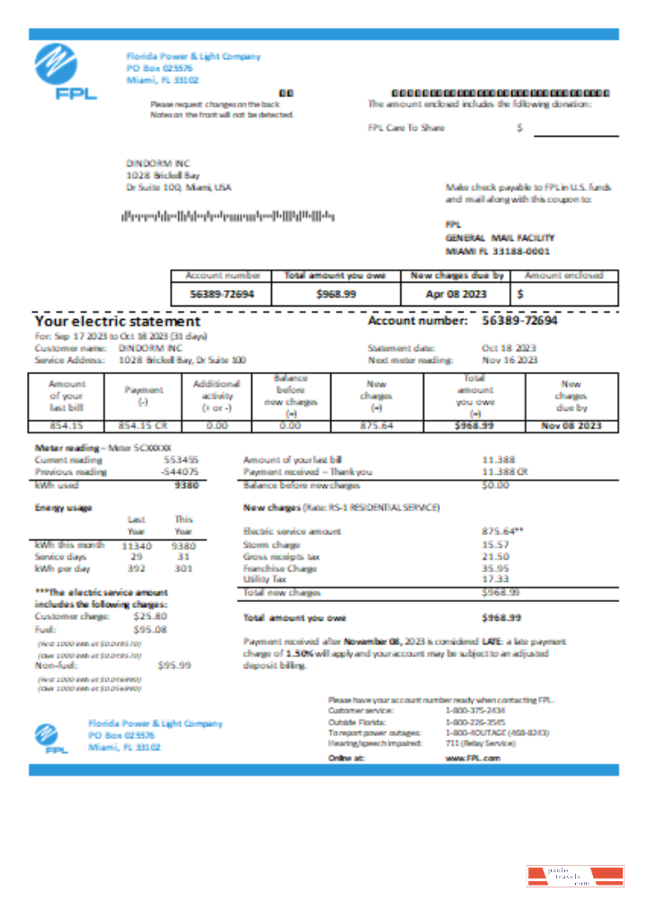 Шаблон счета за электроэнергию компании Florida Power & Light Company (FPL) SCR PSD